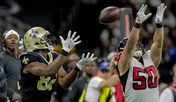 Nov 22, 2018; New Orleans, LA, USA; New Orleans Saints tight end Benjamin Watson (82) catches a pass over Atlanta Falcons defensive end Brooks Reed (50) during the third quarter at the Mercedes-Benz Superdome. Photo Credit: Derick E. Hingle-USA TODAY Sports