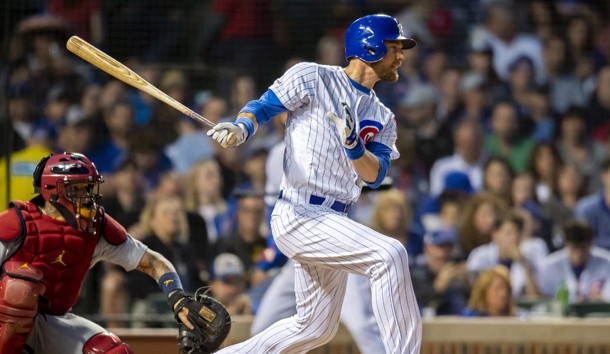 May 5, 2019; Chicago, IL, USA; Chicago Cubs left fielder Ben Zobrist (18) hits a single during the sixth inning against the St. Louis Cardinals at Wrigley Field. Photo Credit: Patrick Gorski-USA TODAY Sports