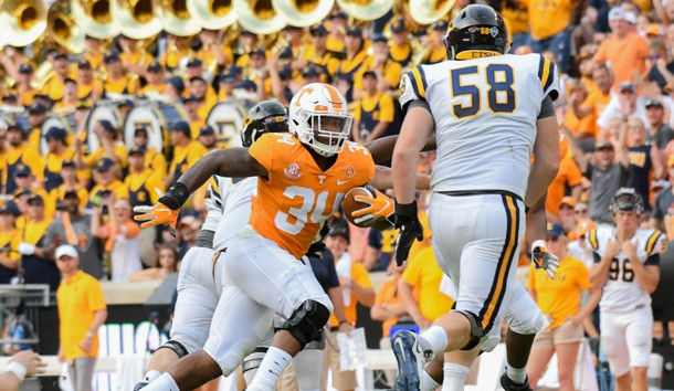 Sep 8, 2018; Knoxville, TN, USA; Tennessee Volunteers linebacker Darrin Kirkland Jr. (34) returns an interception for a touchdown against the East Tennessee State Buccaneers  during the second quarter at Neyland Stadium. Photo Credit: Randy Sartin-USA TODAY Sports