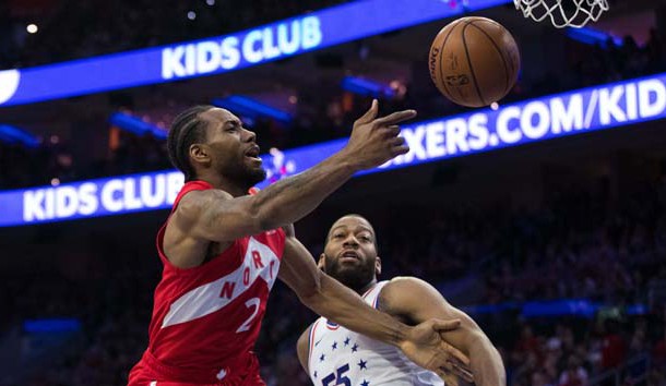 May 5, 2019; Philadelphia, PA, USA; Toronto Raptors forward Kawhi Leonard (2) looses control of the ball while driving for a shot against Philadelphia 76ers center Greg Monroe (55) during the second quarter in game four of the second round of the 2019 NBA Playoffs at Wells Fargo Center. Photo Credit: Bill Streicher-USA TODAY Sports