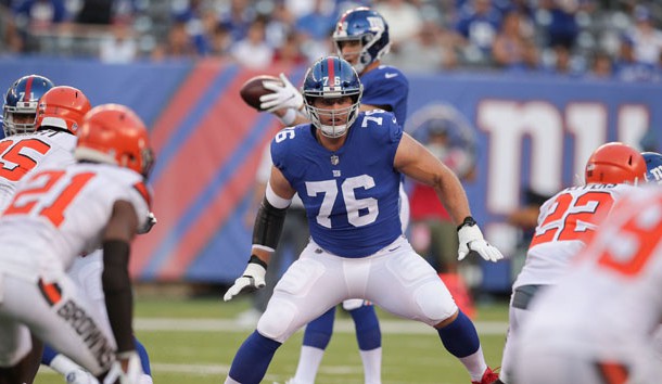 Aug 9, 2018; East Rutherford, NJ, USA; New York Giants offensive tackle Nate Solder (76) blocks in front of quarterback Eli Manning (10) during the first half against the Cleveland Browns at MetLife Stadium. Photo Credit: Vincent Carchietta-USA TODAY Sports
