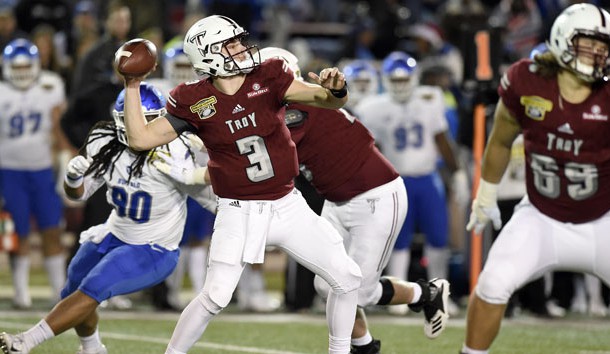 Dec 22, 2018; Mobile, AL, United States; Troy Trojans quarterback Sawyer Smith (3) drops back to pass against the Buffalo Bulls during the first quarter in the 2018 Dollar General Bowl at Ladd-Peebles Stadium. Photo Credit: John David Mercer-USA TODAY Sports