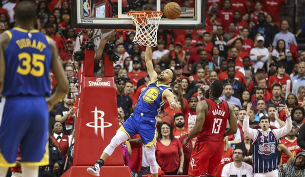 May 4, 2019; Houston, TX, USA; Golden State Warriors guard Stephen Curry (30) is unable to score during overtime against the Houston Rockets in game three of the second round of the 2019 NBA Playoffs at Toyota Center. Photo Credit: Troy Taormina-USA TODAY Sports