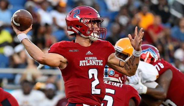 Sep 15, 2018; Boca Raton, FL, USA; Florida Atlantic Owls quarterback Chris Robison (2) attempts a pass against the Bethune Cookman Wildcats during the first half at FAU Football Stadium. Photo Credit: Jasen Vinlove-USA TODAY Sports