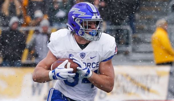 Nov 17, 2018; Laramie, WY, USA; Air Force Falcons fullback Cole Fagan (34) scores a touchdown against the Wyoming Cowboys during the second quarter at Jonah Field War Memorial Stadium. Photo Credit: Troy Babbitt-USA TODAY Sports