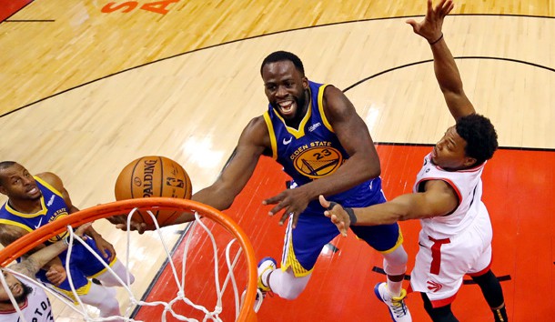 Jun 2, 2019; Toronto, Ontario, CAN; Golden State Warriors forward Draymond Green (23) shoots the ball against Toronto Raptors guard Kyle Lowry (7) in game two of the 2019 NBA Finals at Scotiabank Arena. Photo Credit: Kyle Terada-USA TODAY Sports