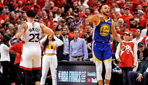 Jun 10, 2019; Toronto, Ontario, CAN; Golden State Warriors guard Stephen Curry (30) reacts after game five of the 2019 NBA Finals against the Toronto Raptors at Scotiabank Arena. Photo Credit: Kyle Terada-USA TODAY Sports