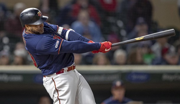 Apr 29, 2019; Minneapolis, MN, USA; Minnesota Twins pinch hitter Nelson Cruz (23) hits a double in the eighth inning against the Houston Astros at Target Field. Photo Credit: Jesse Johnson-USA TODAY Sports