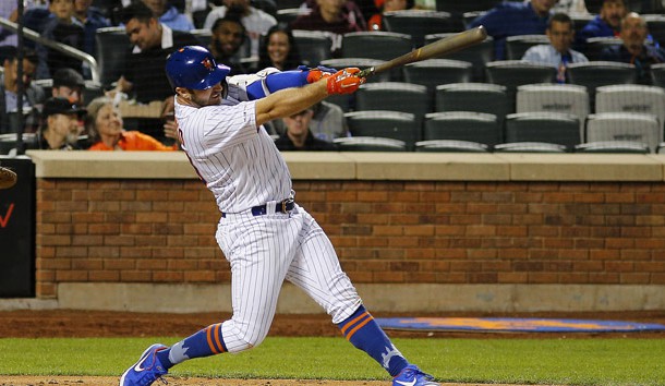 Jun 4, 2019; New York City, NY, USA; New York Mets first baseman Pete Alonso (20) hits a solo home run against the San Francisco Giants during the sixth inning at Citi Field. Photo Credit: Andy Marlin-USA TODAY Sports