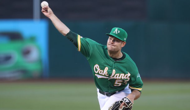 Jun 21, 2019; Oakland, CA, USA; Oakland Athletics relief pitcher Tanner Anderson (53) throws a pitch during the first inning against the Tampa Bay Rays at Oakland Coliseum. Photo Credit: Darren Yamashita-USA TODAY Sports