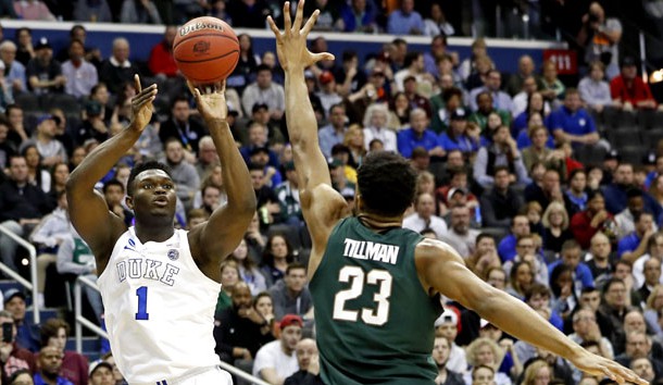 Mar 31, 2019; Washington, DC, USA; Duke Blue Devils forward Zion Williamson (1) shoots the ball against Michigan State Spartans forward Xavier Tillman (23) during the second half in the championship game of the east regional of the 2019 NCAA Tournament at Capital One Arena. Photo Credit: Geoff Burke-USA TODAY Sports