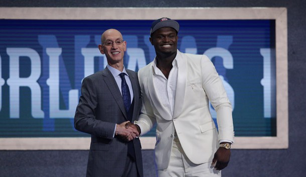 Jun 20, 2019; Brooklyn, NY, USA; Zion Williamson (Duke) greets NBA commissioner Adam Silver after being selected as the number one overall pick to the New Orleans Pelicans in the first round of the 2019 NBA Draft at Barclays Center. Photo Credit: Brad Penner-USA TODAY Sports