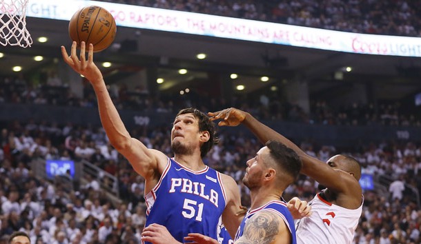 Apr 27, 2019; Toronto, Ontario, CAN; Philadelphia 76ers center Boban Marjanovic (51) comes down with a rebound against the Toronto Raptors during game one of the second round of the 2019 NBA Playoffs at Scotiabank Arena. Toronto defeated Philadelphia. Photo Credit: John E. Sokolowski-USA TODAY Sports