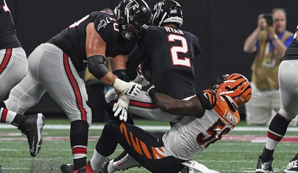 Sep 30, 2018; Atlanta, GA, USA; Cincinnati Bengals defensive end Carl Lawson (58) sacks Atlanta Falcons quarterback Matt Ryan (2) during the second half at Mercedes-Benz Stadium. Photo Credit: Dale Zanine-USA TODAY Sports