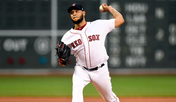 Jul 17, 2019; Boston, MA, USA; Boston Red Sox starting pitcher Eduardo Rodriguez (57) pitches against the Toronto Blue Jays during the first inning at Fenway Park. Photo Credit: Brian Fluharty-USA TODAY Sports