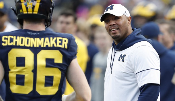 Apr 13, 2019; Ann Arbor, MI, USA; Michigan Wolverines offensive coordinator Josh Gattis looks at tight end Luke Schoonmaker (86) during the spring football game at Michigan Stadium. Photo Credit: Raj Mehta-USA TODAY Sports