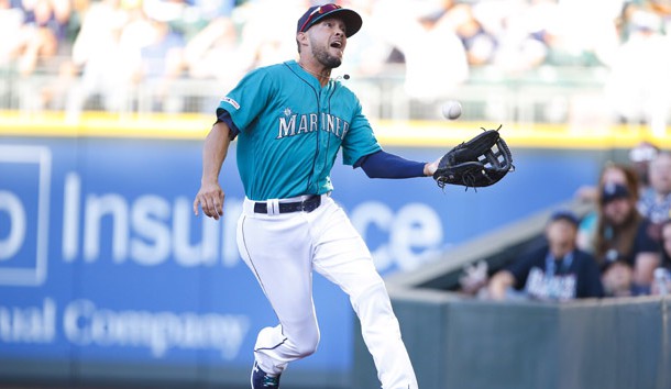 Jul 26, 2019; Seattle, WA, USA; Seattle Mariners right fielder Kristopher Negron (45) makes a catch in foul territory for an out against the Detroit Tigers during the first inning at T-Mobile Park. Photo Credit: Jennifer Buchanan-USA TODAY Sports