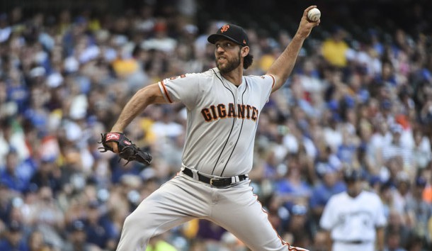 Jul 13, 2019; Milwaukee, WI, USA; San Francisco Giants pitcher Madison Bumgarner (40) throws a pitch in the first inning against the Milwaukee Brewers at Miller Park. Photo Credit: Benny Sieu-USA TODAY Sports