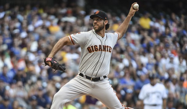 Jul 13, 2019; Milwaukee, WI, USA;  San Francisco Giants pitcher Madison Bumgarner (40) throws a pitch in the first inning against the Milwaukee Brewers at Miller Park. Photo Credit: Benny Sieu-USA TODAY Sports