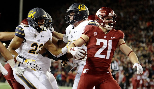 Nov 3, 2018; Pullman, WA, USA; Washington State Cougars running back Max Borghi (21) scores a touchdown against California Golden Bears linebacker Malik Psalms (23) in the first half at Martin Stadium. Photo Credit: James Snook-USA TODAY Sports