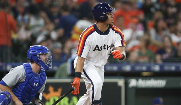 Jun 28, 2019; Houston, TX, USA; Houston Astros left fielder Michael Brantley (23) hits a single during the first inning against the Seattle Mariners at Minute Maid Park. Photo Credit: Troy Taormina-USA TODAY Sports