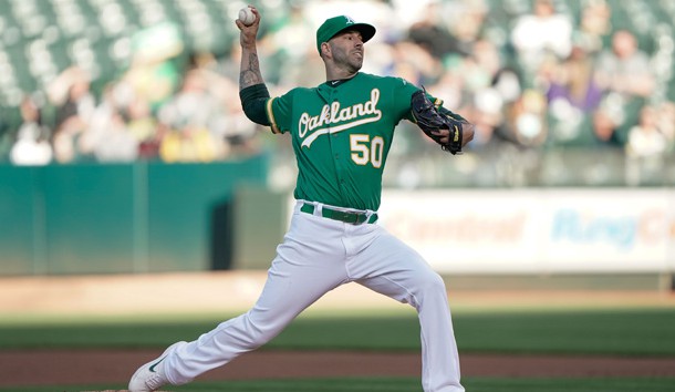 Jul 12, 2019; Oakland, CA, USA; Oakland Athletics starting pitcher Mike Fiers (50) pitches against the Chicago White Sox during the first inning at Oakland Coliseum. Photo Credit: Stan Szeto-USA TODAY Sports