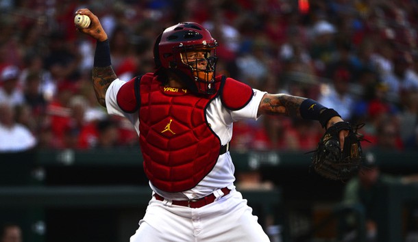 Jun 25, 2019; St. Louis, MO, USA; St. Louis Cardinals catcher Yadier Molina (4) throws to second prior to the start of the game against the Oakland Athletics at Busch Stadium. Photo Credit: Jeff Curry-USA TODAY Sports