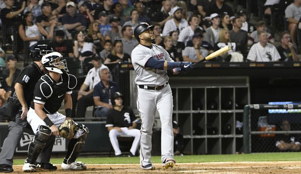 Jul 25, 2019; Chicago, IL, USA; Minnesota Twins designated hitter Nelson Cruz (23) watches his two run home run against the Chicago White Sox during the fifth inning at Guaranteed Rate Field. Photo Credit: David Banks-USA TODAY Sports