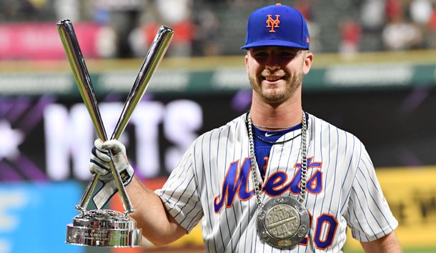 Jul 8, 2019; Cleveland, OH, USA; New York Mets first baseman Pete Alonso (20) hold the trophy after winning in the 2019 MLB Home Run Derby at Progressive Field. Photo Credit: Ken Blaze-USA TODAY Sports