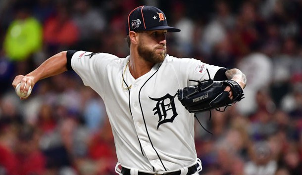 Jul 9, 2019; Cleveland, OH, USA; American League pitcher Shane Greene (61) of the Detroit Tigers throws against the National League during the seventh inning in the 2019 MLB All Star Game at Progressive Field. Photo Credit: Ken Blaze-USA TODAY Sports