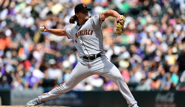 Jul 17, 2019; Denver, CO, USA; San Francisco Giants starting pitcher Shaun Anderson (64) delivers a pitch against the Colorado Rockies in the fifth inning at Coors Field. Photo Credit: Ron Chenoy-USA TODAY Sports