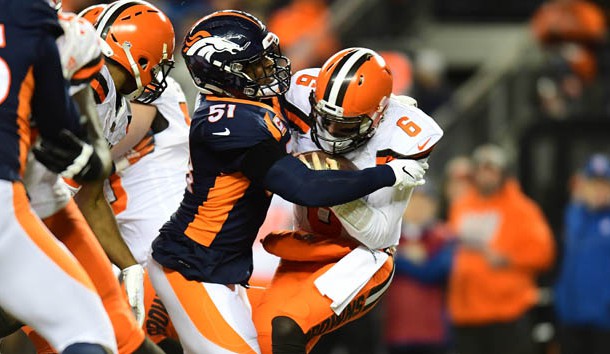 Dec 15, 2018; Denver, CO, USA; Denver Broncos inside linebacker Todd Davis (51) sacks Cleveland Browns quarterback Baker Mayfield (6) in the second quarter at Broncos Stadium at Mile High. Photo Credit: Ron Chenoy-USA TODAY Sports