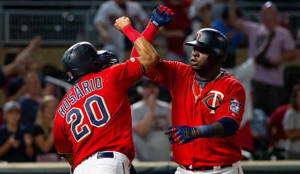 Jul 23, 2019; Minneapolis, MN, USA; Minnesota Twins third baseman Miguel Sano (22) celebrates his home run with outfielder Eddie Rosario (20) in the eighth inning against New York Yankees at Target Field. Photo Credit: Brad Rempel-USA TODAY Sports