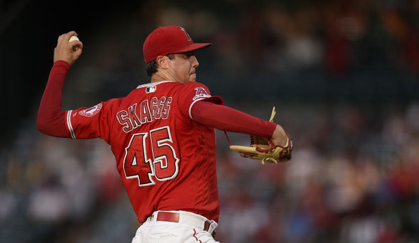 Jun 29, 2019; Anaheim, CA, USA; Los Angeles Angels starting pitcher Tyler Skaggs (45) pitches during the first inning against the Oakland Athletics at Angel Stadium of Anaheim. Photo Credit: Kelvin Kuo-USA TODAY Sports