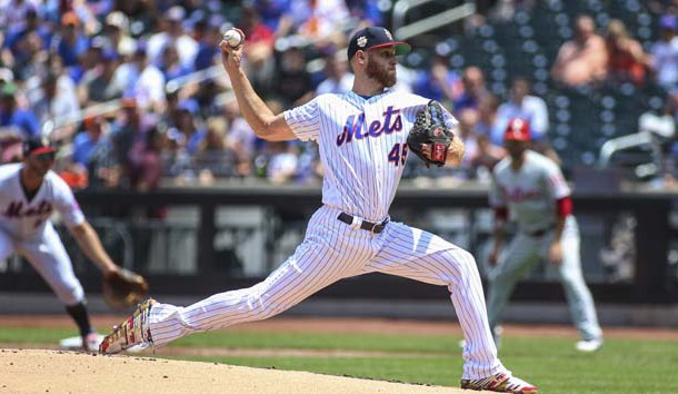 Jul 7, 2019; New York City, NY, USA; New York Mets pitcher Zack Wheeler (45) pitches in the first inning against the Philadelphia Phillies at Citi Field. Photo Credit: Wendell Cruz-USA TODAY Sports