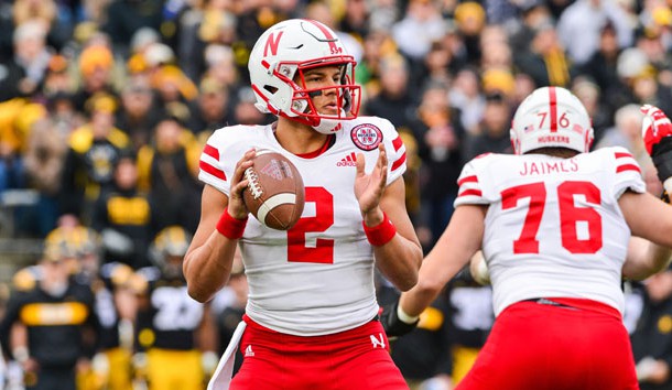 Nov 23, 2018; Iowa City, IA, USA; Nebraska Cornhuskers quarterback Adrian Martinez (2) drops back to throw a pass against the Iowa Hawkeyes during the first quarter at Kinnick Stadium. Photo Credit: Jeffrey Becker-USA TODAY Sports