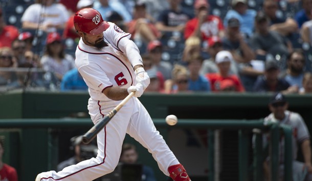 Jul 31, 2019; Washington, DC, USA; Washington Nationals third baseman Anthony Rendon (6) singles in the ninth inning against the Atlanta Braves at Nationals Park. Photo Credit: Tommy-USA TODAY Sports