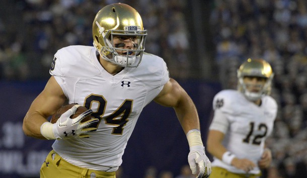 Oct 27, 2018; San Diego, CA, USA; Notre Dame Fighting Irish tight end Cole Kmet (84) runs after a catch during the second quarter against the Navy Midshipmen at SDCCU Stadium. Photo Credit: Jake Roth-USA TODAY Sports