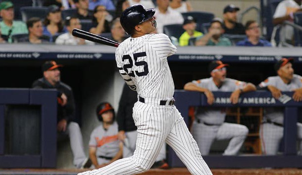Aug 12, 2019; Bronx, NY, USA; New York Yankees shortstop Gleyber Torres (25) hits a three run home run against the Baltimore Orioles during the sixth inning of game two of a doubleheader at Yankee Stadium. Photo Credit: Andy Marlin-USA TODAY Sports