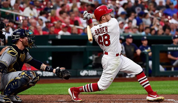 Aug 20, 2019; St. Louis, MO, USA; St. Louis Cardinals center fielder Harrison Bader (48) hits a triple off of Milwaukee Brewers starting pitcher Gio Gonzalez (not pictured) during the third inning at Busch Stadium. Photo Credit: Jeff Curry-USA TODAY Sports