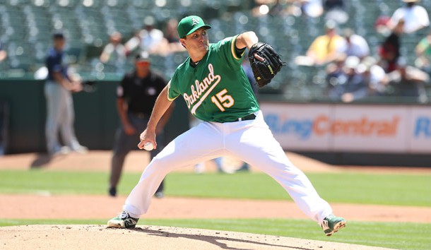 Jul 17, 2019; Oakland, CA, USA; Oakland Athletics pitcher Homer Bailey (15) pitches against the Seattle Mariners in the first inning at Oakland Coliseum. Photo Credit: Cary Edmondson-USA TODAY Sports