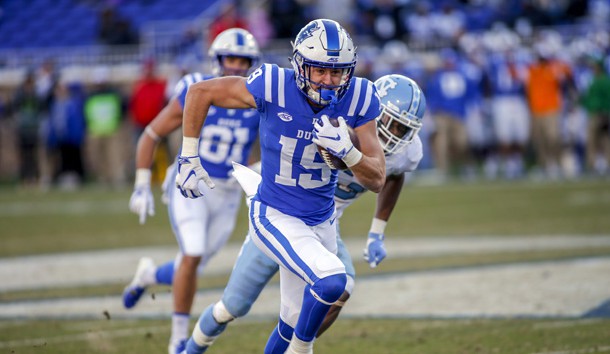 Nov 10, 2018; Durham, NC, USA; Duke Blue Devils wide receiver Jake Bobo (19) runs the ball after picking up a North Carolina Tar Heels onside kick in the second half at Wallace Wade Stadium. The Duke Blue Devils won 42-35. Photo Credit: Nell Redmond-USA TODAY Sports