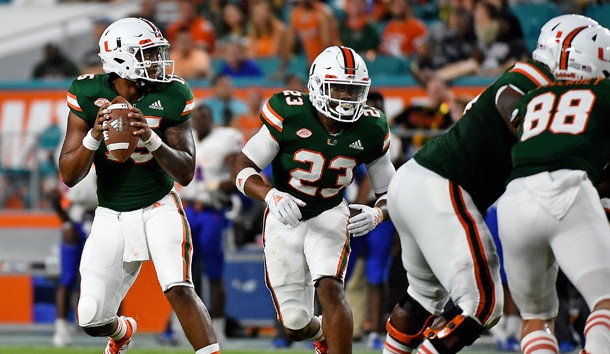 Sep 8, 2018; Miami Gardens, FL, USA; Miami Hurricanes quarterback Jarren Williams (15) attempts a pass against the Savannah State Tigers during the second half at Hard Rock Stadium. Photo Credit: Jasen Vinlove-USA TODAY Sports