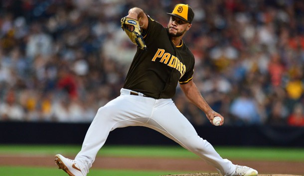 Jul 26, 2019; San Diego, CA, USA; San Diego Padres starting pitcher Joey Lucchesi (37) pitches during the third inning against the San Francisco Giants at Petco Park. Photo Credit: Jake Roth-USA TODAY Sports