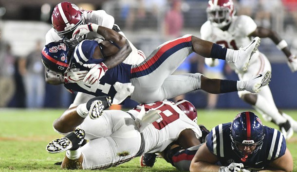 Sep 15, 2018; Oxford, MS, USA; Alabama Crimson Tide linebacker Joshua McMillon (40) tackles Mississippi Rebels running back Tylan Knight (4) during the fourth quarter at Vaught-Hemingway Stadium. Photo Credit: Matt Bush-USA TODAY Sports