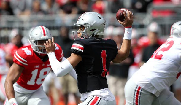 Apr 13, 2019; Columbus, OH, USA; Ohio State Buckeyes quarterback Justin Fields (1) during the first half of the Spring Game at Ohio Stadium. Photo Credit: Joe Maiorana-USA TODAY Sports