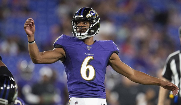 Aug 8, 2019; Baltimore, MD, USA; Baltimore Ravens punter Kaare Vedvik (6) kicks a field goal during during the second half against the Baltimore Ravens at M&T Bank Stadium. Photo Credit: Tommy Gilligan-USA TODAY Sports