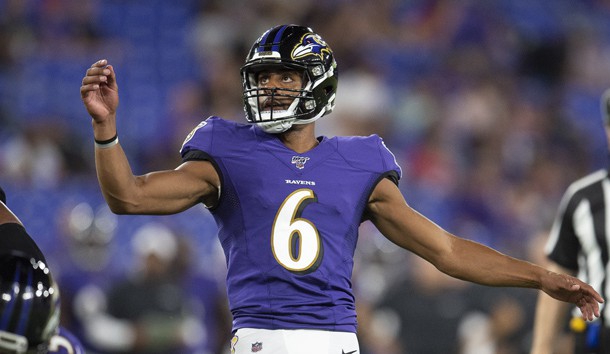 Aug 8, 2019; Baltimore, MD, USA; Baltimore Ravens punter Kaare Vedvik (6) kicks a field goal during during the second half against the Baltimore Ravens at M&T Bank Stadium.  Photo Credit: Tommy Gilligan-USA TODAY Sports