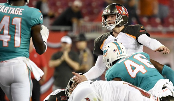 Aug 16, 2019; Tampa, FL, USA; Tampa Bay Buccaneers kicker Matt Gay (9) kicks a field goal during the fourth quarter against the Miami Dolphins at Raymond James Stadium. Photo Credit: Douglas DeFelice-USA TODAY Sports