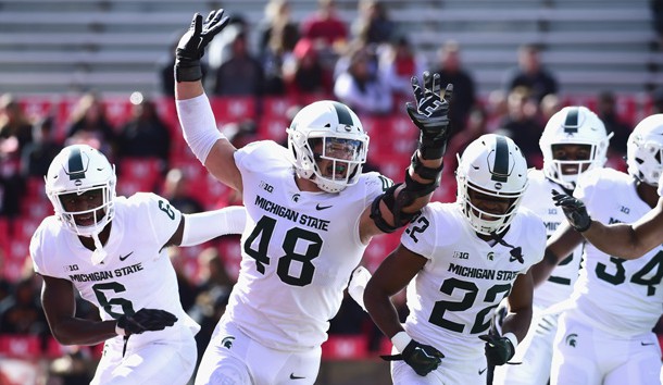 Nov 3, 2018; College Park, MD, USA;  Michigan State Spartans defensive end Kenny Willekes (48) celebrates with teammates during the first quarter against the Maryland Terrapins at Capital One Field at Maryland Stadium. Photo Credit: Tommy Gilligan-USA TODAY Sports